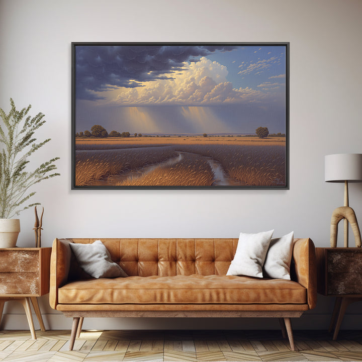 Golden Wetland Storm Over African Savanna Wall Art, Dramatic Landscape Canvas Print, Safari Decor, Earth Tone Home Decor