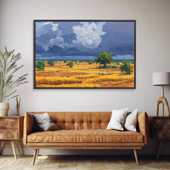 Golden African Plains Under Storm Clouds Canvas Print, Savanna Landscape Wall Art, Safari Decor, Modern Home Decor Gift For Him