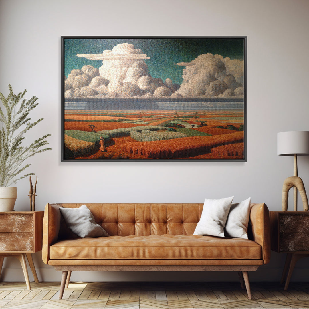 Patchwork Fields And Giant Clouds African Wall Art, Cultural Landscape Canvas Print, Earth Tone Decor, Unique Home Decor