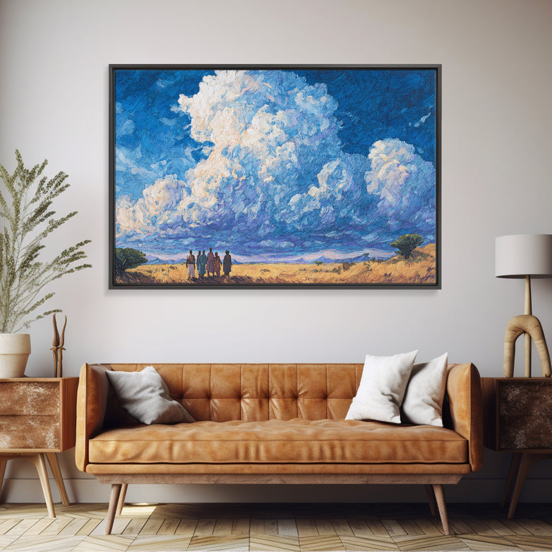 Maasai Figures Beneath Towering Blue Clouds Wall Art, African Landscape Canvas Print, Cultural Art, Living Room Decor Gift