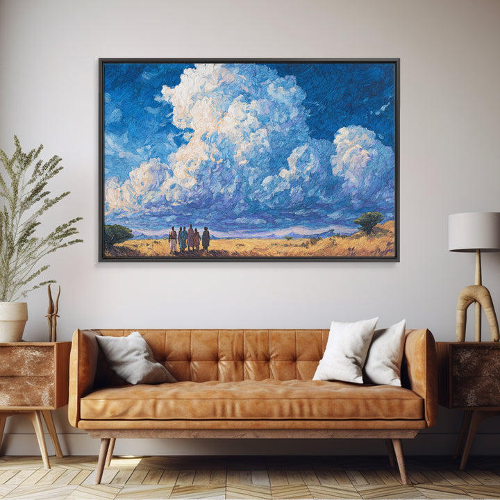 Maasai Figures Beneath Towering Blue Clouds Wall Art, African Landscape Canvas Print, Cultural Art, Living Room Decor Gift