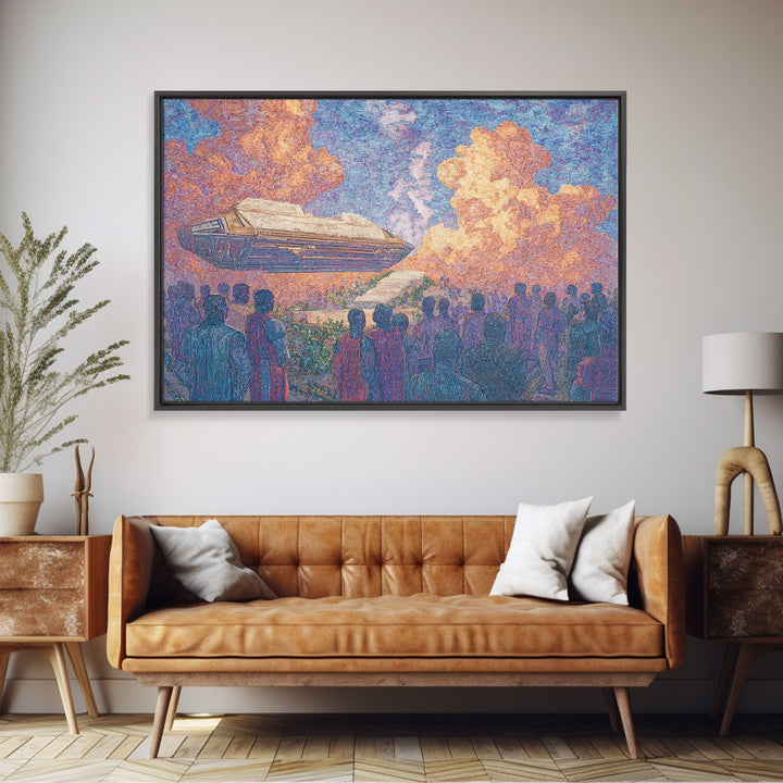 Afrofuturist Airship Above African Crowd Wall Art, Sci Fi Canvas Print, Black Culture Art, Bold Home Decor, Unique Gift For Him
