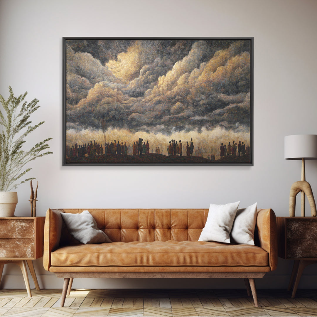 Gathered Silhouettes Under Thunderclouds Framed Canvas Print, African Wall Art, Spiritual Landscape, Statement Home Decor