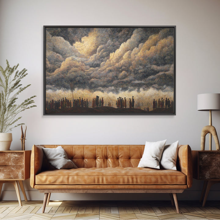 Gathered Silhouettes Under Thunderclouds Framed Canvas Print, African Wall Art, Spiritual Landscape, Statement Home Decor