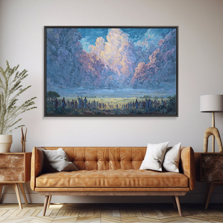 Blue Dawn Clouds Over African Gathering Wall Art, Modern African Art Canvas Print, Cultural Wall Decor, Meaningful Gift For Her
