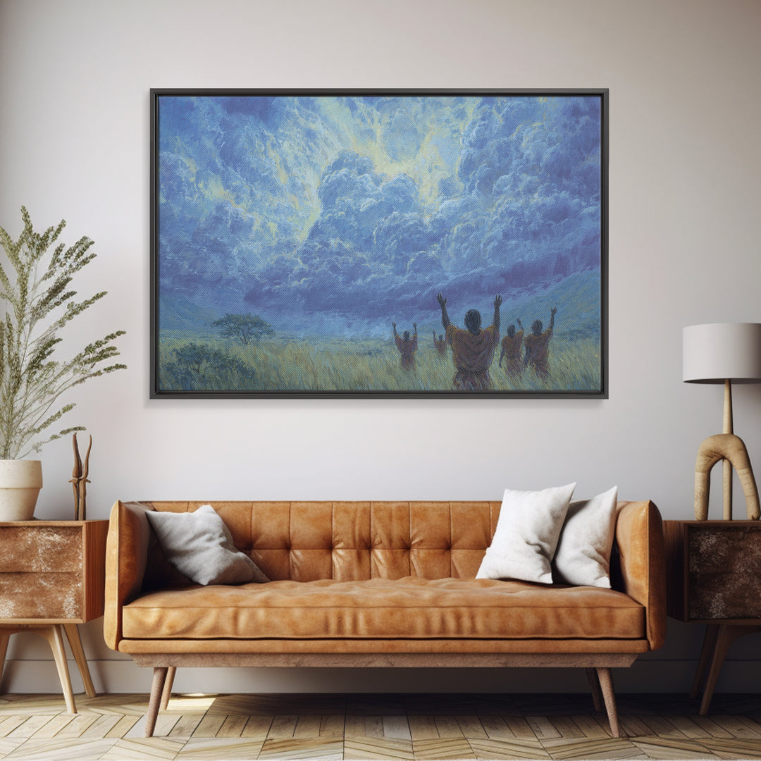 Figures Raising Hands To Radiant Blue Storm Wall Art, Spiritual African Canvas Print, Ancestral Decor, Prayer Room Art Gift