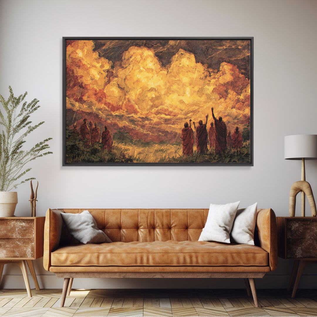Robed Figures Before Fiery Golden Clouds Canvas Print, African Wall Art, Spiritual Landscape, Burnt Orange Home Decor Gift