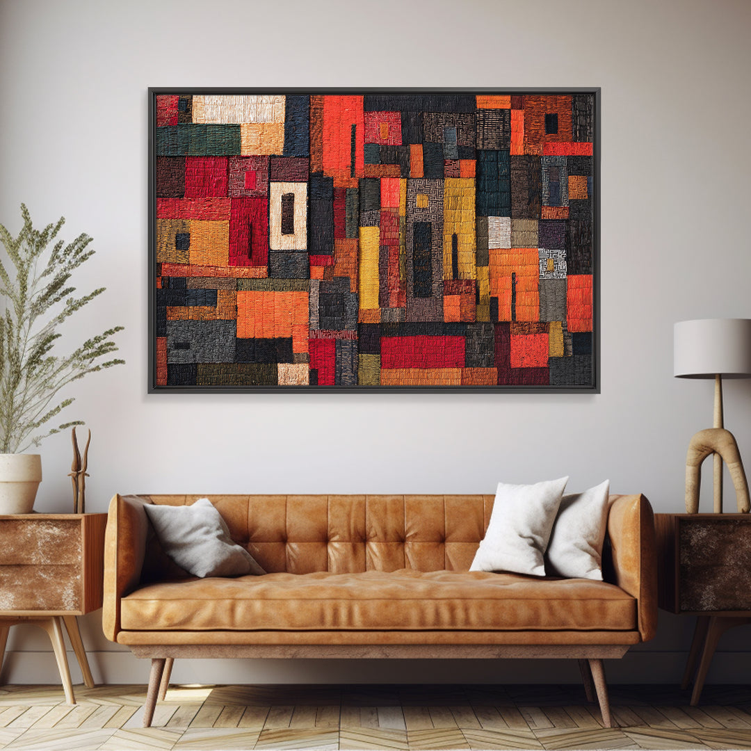 Red Black African Textile Patchwork Wall Art, Abstract African Art Print, Kuba Cloth Decor, Modern Tribal Home Decor Gift