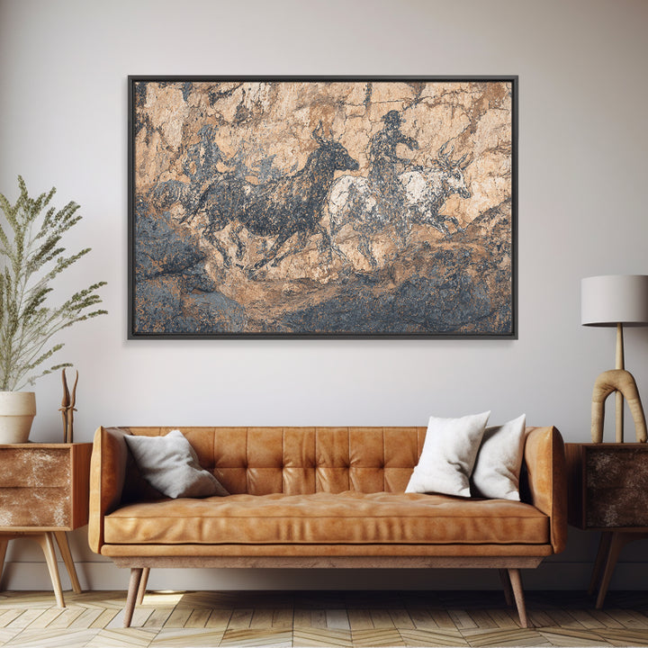 Ancient Cave Horse And Antelope Wall Art, African Safari Art Print, Rustic Rock Painting, Earth Tone Cultural Decor Gift