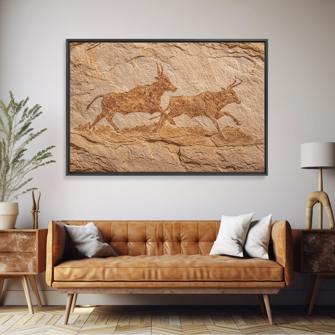 Sepia Antelope Cave Painting Canvas Print, Ancient African Art, Tribal Animal Rock Art, Neutral Safari Home Wall Decor Gift
