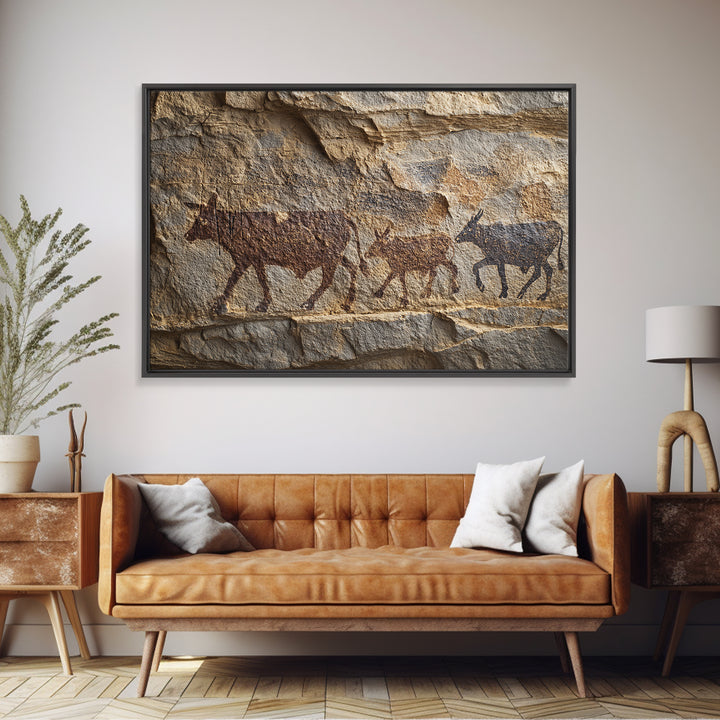 Stone Wall Herd Rock Painting Framed Canvas Print, African Animal Art, Rustic Tribal Art Decor, Cultural Home Decor Gift