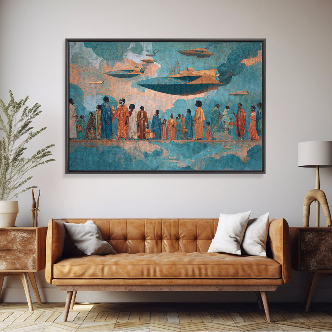 Afrofuturist Sky Procession Wall Art, Modern African Art, Black Culture Art Print, Teal Orange Contemporary Home Decor Gift