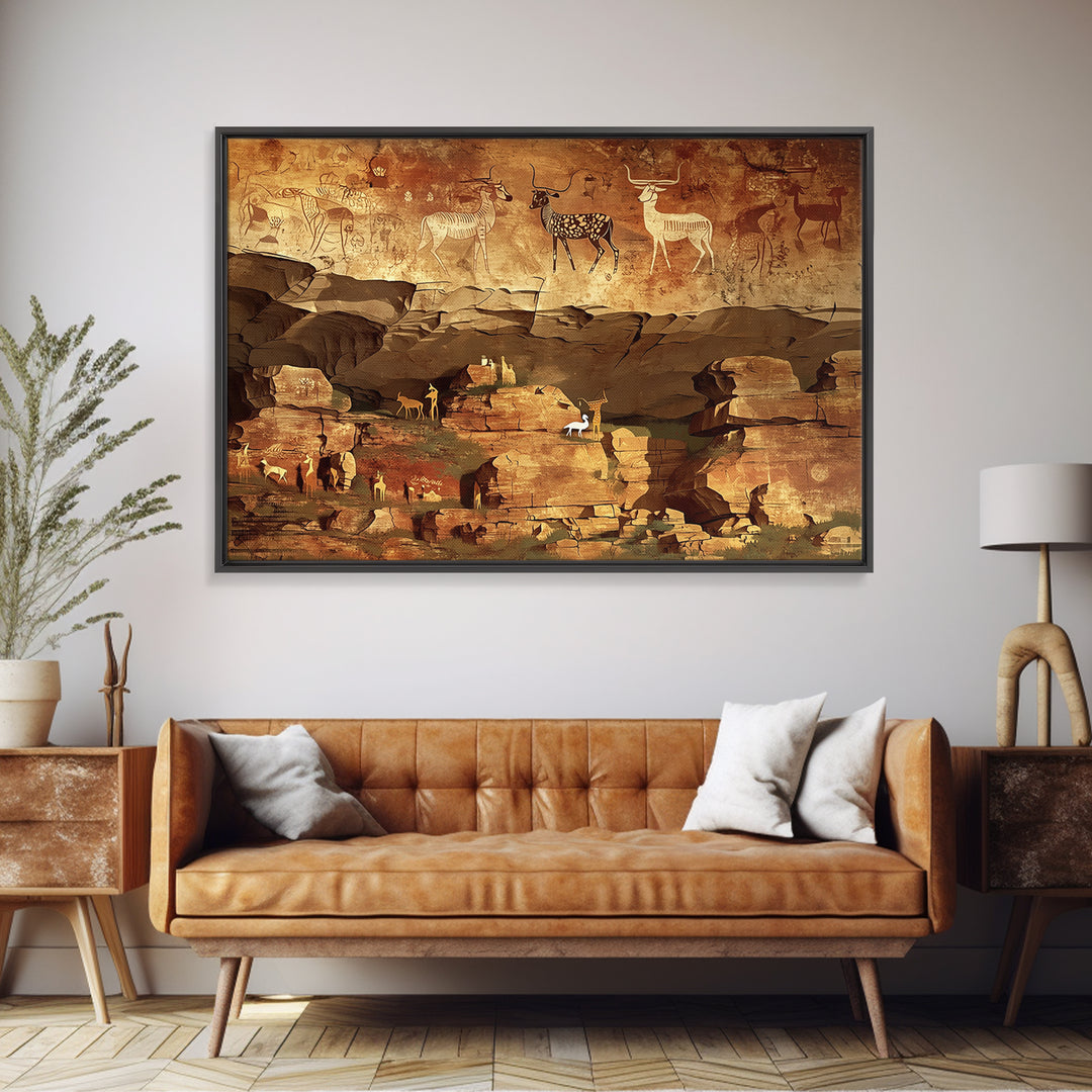 Ancient Canyon Cattle Cave Scene Canvas Print, African Safari Art, Tribal Rock Painting, Earth Tone Cultural Wall Decor Gift