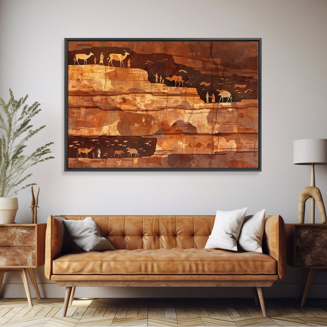 Desert Cliff Hunters And Antelope Wall Art, Ancient African Art Print, Terracotta Safari Decor, Rustic Cultural Wall Decor