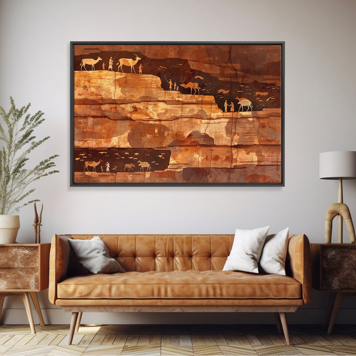 Desert Cliff Hunters And Antelope Wall Art, Ancient African Art Print, Terracotta Safari Decor, Rustic Cultural Wall Decor