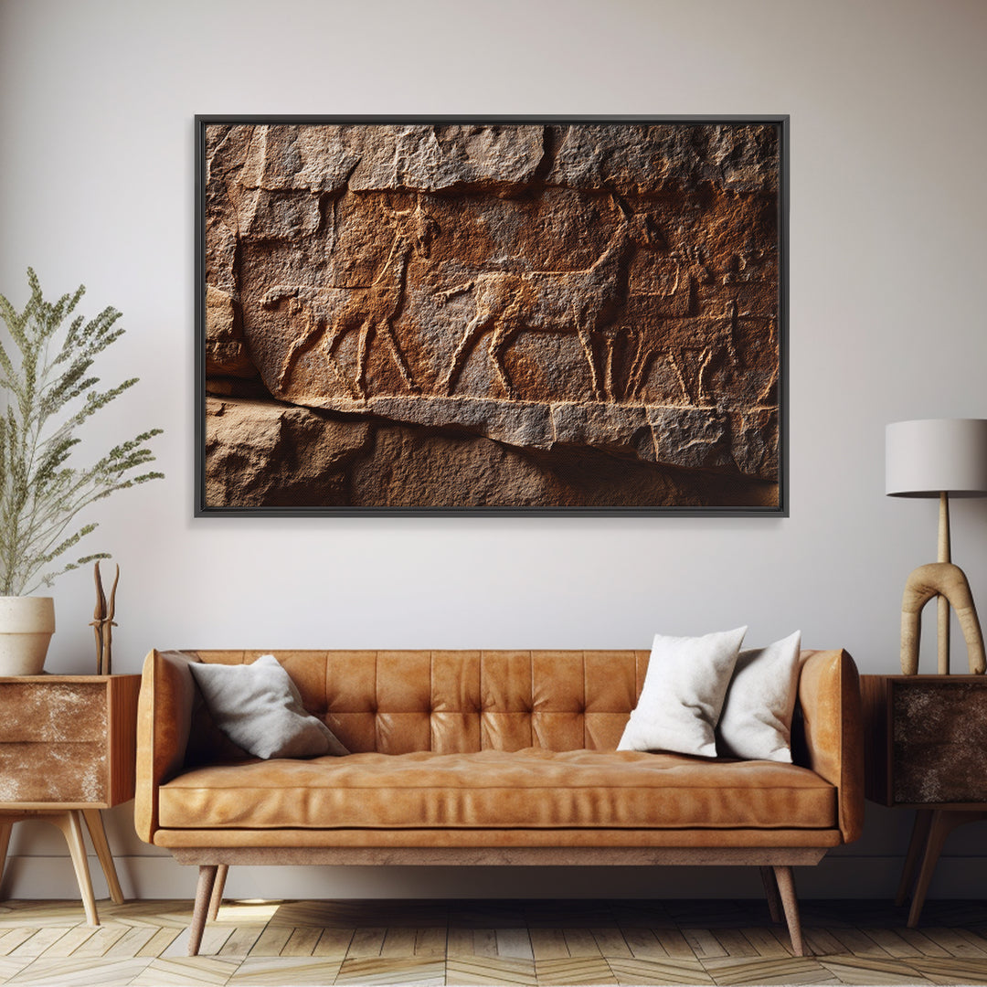 Carved Petroglyph Animal Procession Framed Canvas Print, African Tribal Art, Rustic Rock Wall Decor, Cultural Home Decor Gift