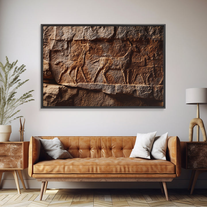 Carved Petroglyph Animal Procession Framed Canvas Print, African Tribal Art, Rustic Rock Wall Decor, Cultural Home Decor Gift