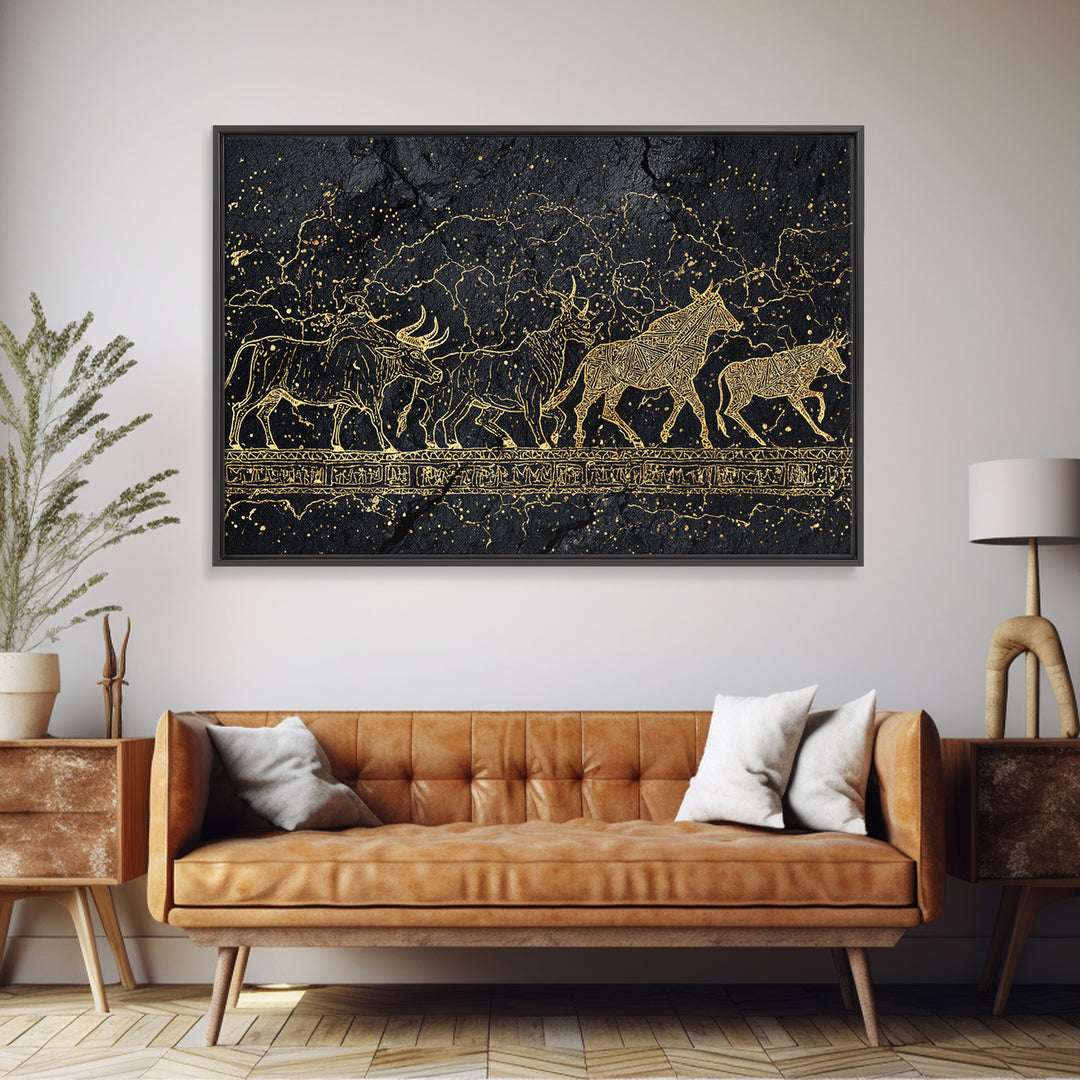 Gold Line Cattle Procession Wall Art, Black African Art, Tribal Animal Print, Luxury Canvas Decor, Modern Cultural Home Gift