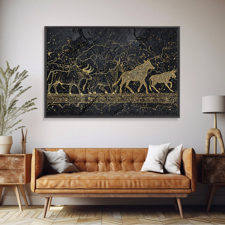 Gold Line Cattle Procession Wall Art, Black African Art, Tribal Animal Print, Luxury Canvas Decor, Modern Cultural Home Gift