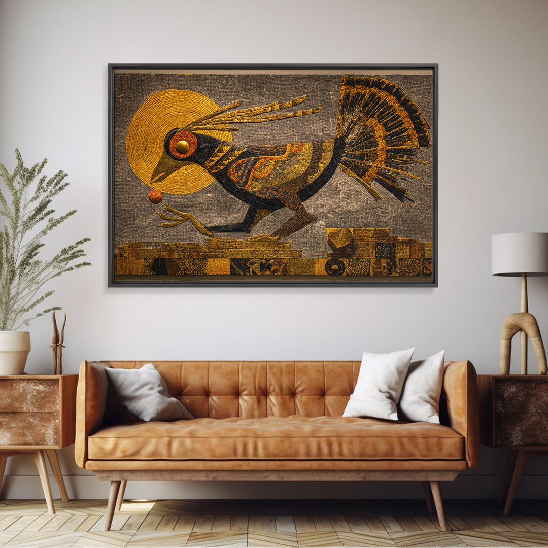 Golden Tribal Bird With Sun Wall Art, African Inspired Mosaic Canvas, Afrocentric Decor, Ethnic Pattern, Luxury Home Decor Gift
