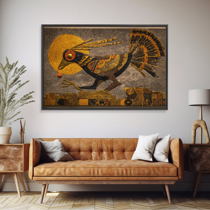 Golden Tribal Bird With Sun Wall Art, African Inspired Mosaic Canvas, Afrocentric Decor, Ethnic Pattern, Luxury Home Decor Gift