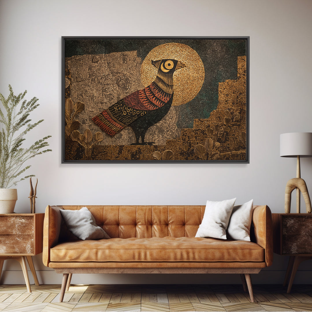 Halo Bird In Ancient Garden Wall Art, African Inspired Print, Gold Mosaic Texture, Boho Wall Decor, Ethnic Home Decor Gift