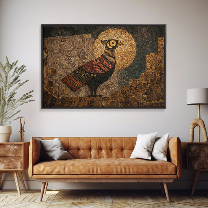 Halo Bird In Ancient Garden Wall Art, African Inspired Print, Gold Mosaic Texture, Boho Wall Decor, Ethnic Home Decor Gift