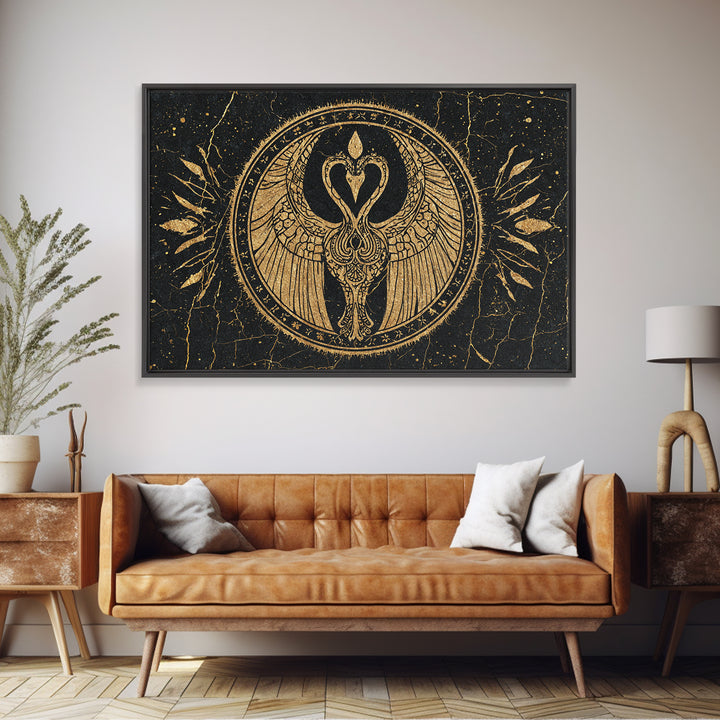 Black Gold Swan Emblem Wall Art, African Inspired Symbol Canvas, Spiritual Wall Decor, Elegant Home Art, Luxury Canvas Print