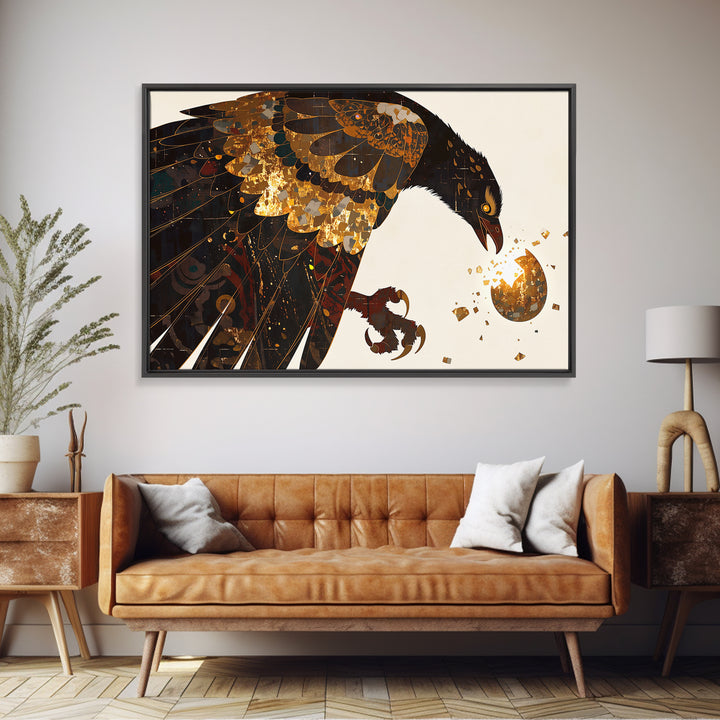 Golden Falcon Breaking Egg Canvas Print, Mythic Bird Wall Art, African Inspired Decor, Bold Contemporary Art, Unique Home Decor