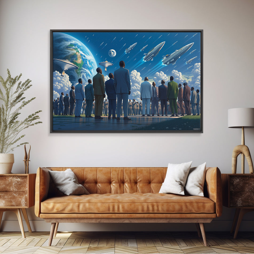 Afrofuturist Crowd Watching Spaceships Wall Art, Black Culture Art, Sci Fi African Inspired Canvas, Modern Statement Decor