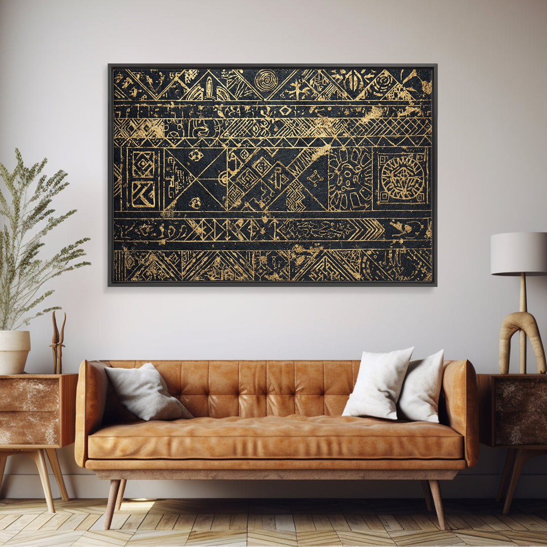 Black Gold Tribal Pattern Wall Art, African Abstract Geometric Canvas Print, Kuba Inspired Textile Art, Ethnic Wall Decor