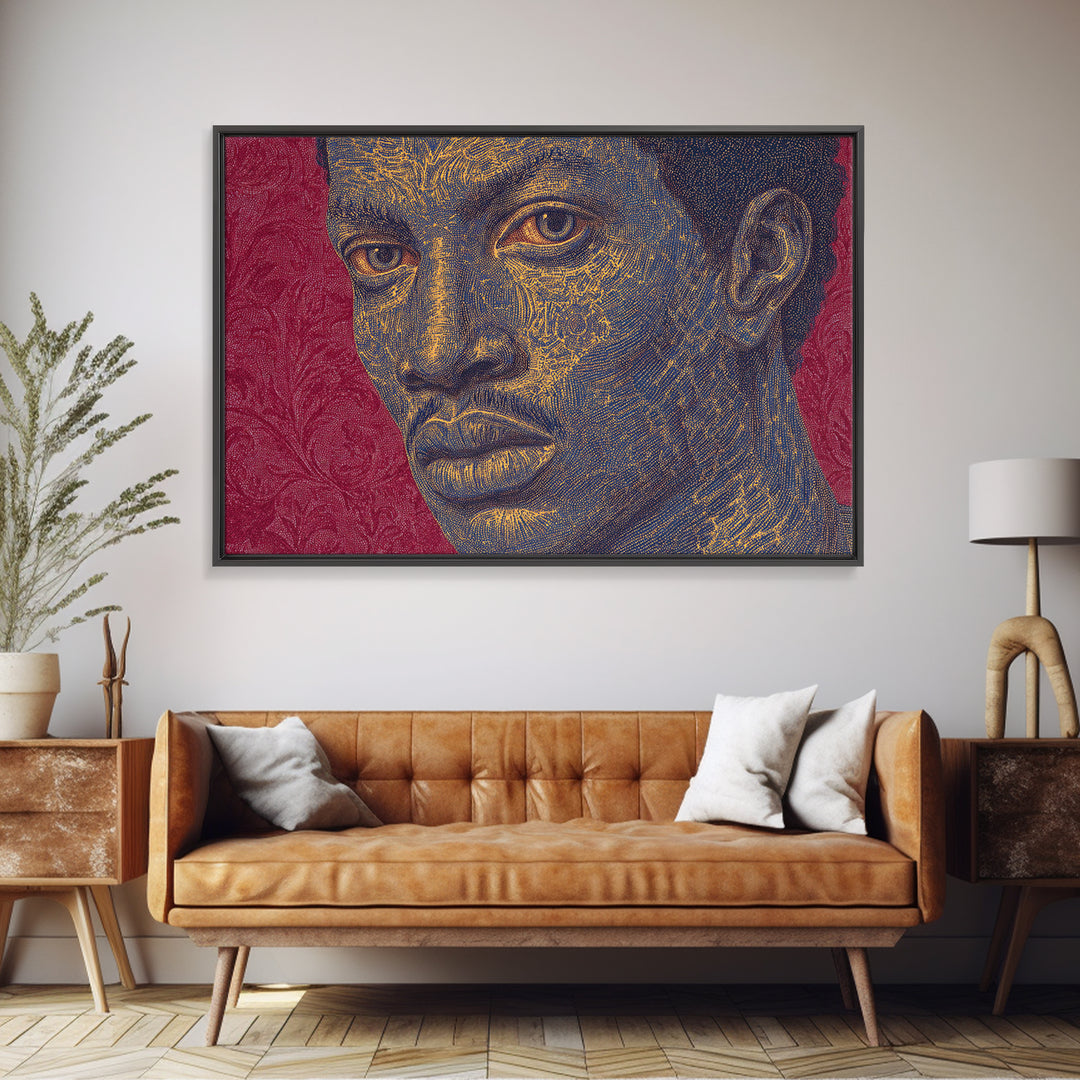 Gold Line Black Man Portrait Wall Art, African American Art, Modern Portrait Art, Magenta Background, Bold Home Decor Gift
