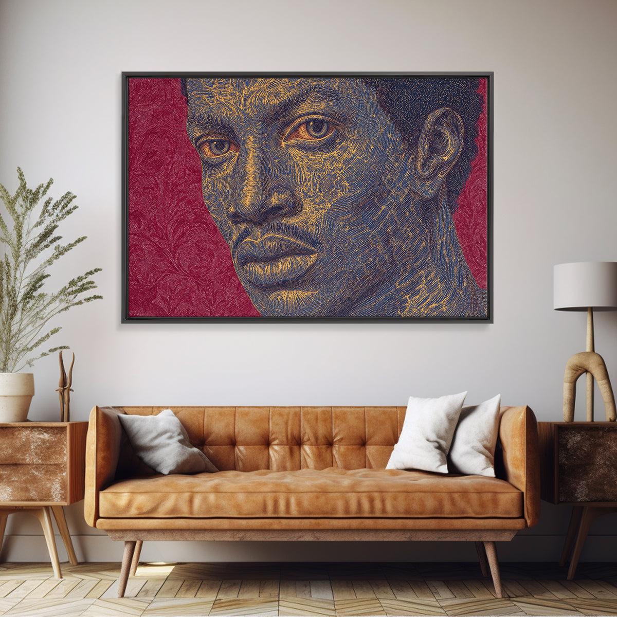 Gold Line Black Man Portrait Wall Art, African American Art, Modern Portrait Art, Magenta Background, Bold Home Decor Gift
