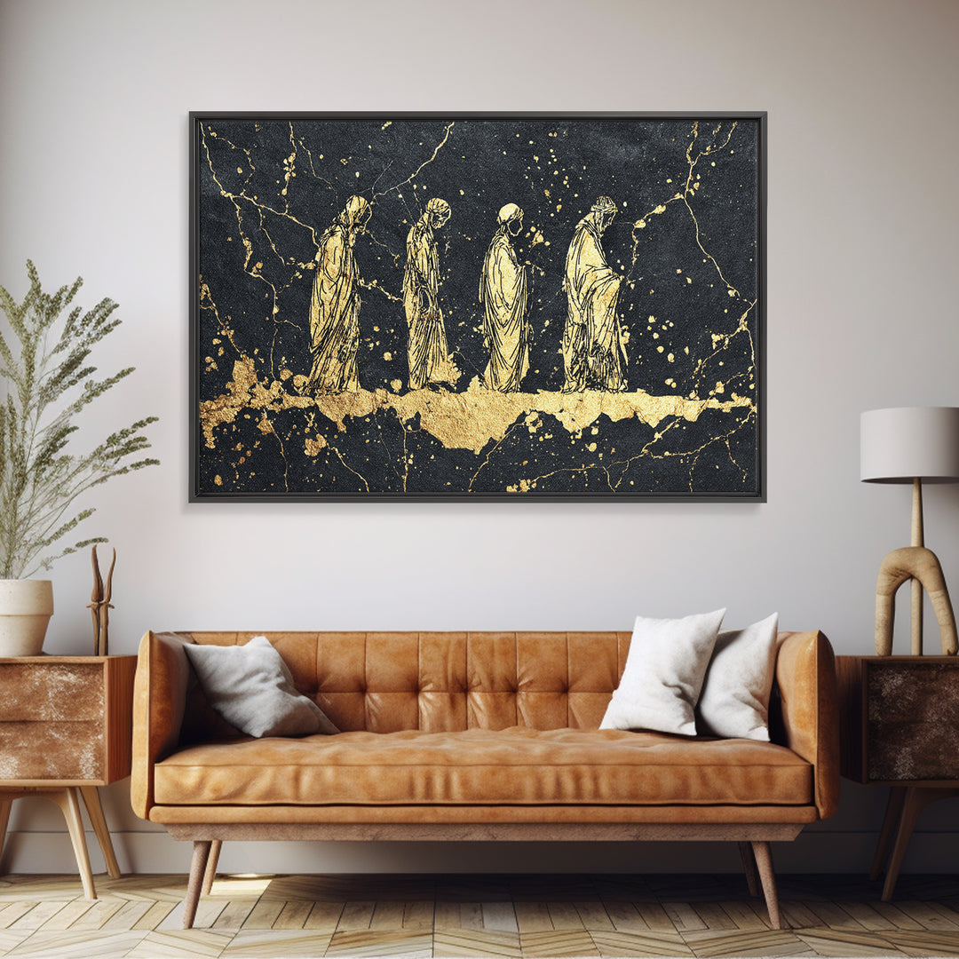 Gold Robed Ancestors On Black Marble Wall Art, African Tribal Art Print, Spiritual Diaspora Decor, Black And Gold Canvas