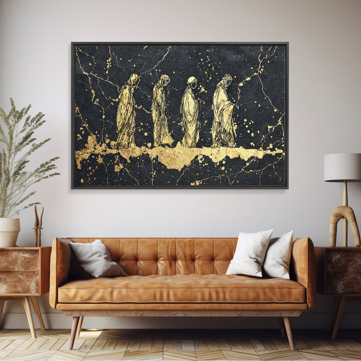 Gold Robed Ancestors On Black Marble Wall Art, African Tribal Art Print, Spiritual Diaspora Decor, Black And Gold Canvas