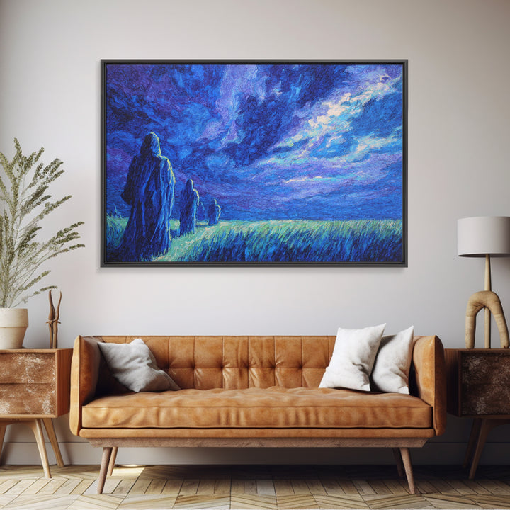 Blue Storm Pilgrims In Moonlit Grass Wall Art, African Landscape, Mystical Wall Art Print, Spiritual Home Decor Canvas Gift