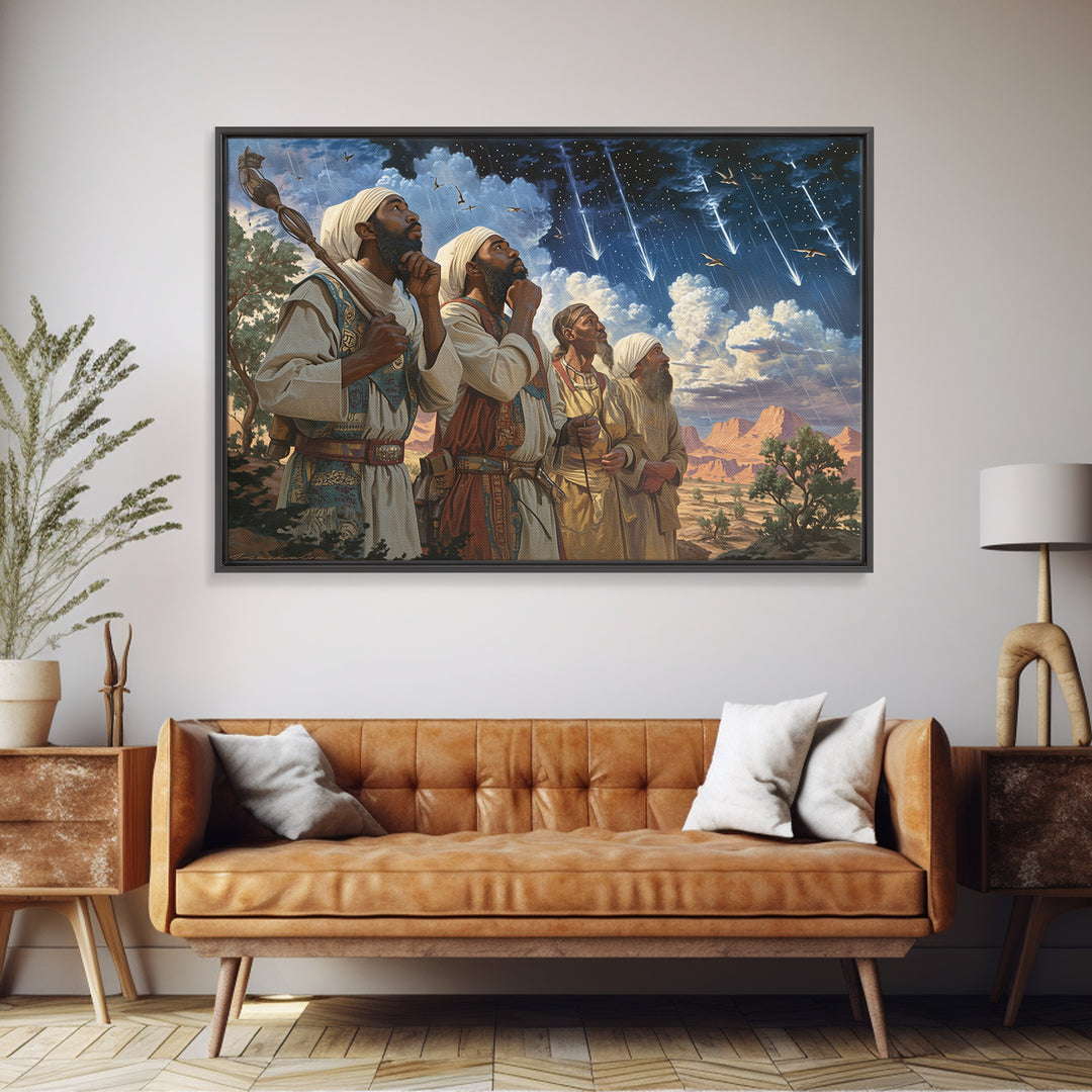 Star Gazing Prophets Beneath Meteor Sky Framed Canvas Print, African Inspired, Spiritual Wall Art, Desert Home Decor Gift