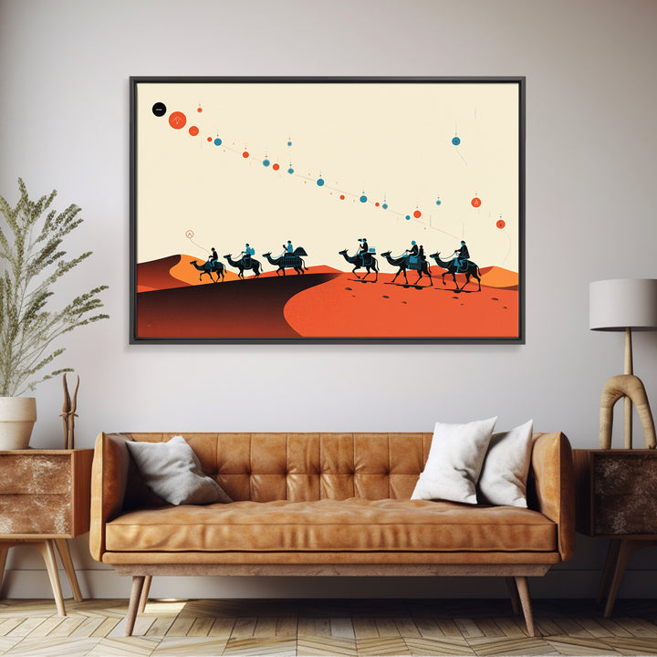Minimal Camel Caravan Across Orange Dunes Wall Art, African Safari Art, Boho Desert Decor, Travel Poster Canvas Print Gift