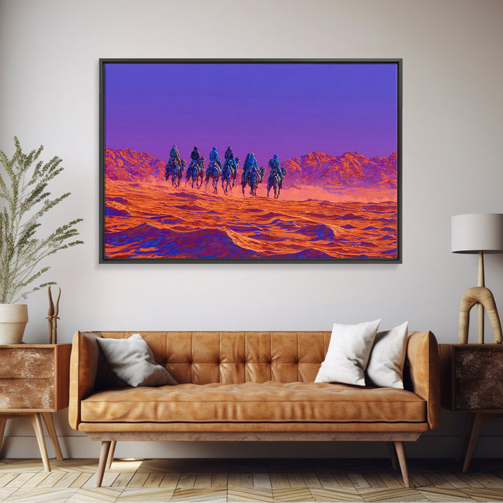 Violet Desert Riders Across Neon Dunes Wall Art, African Warrior Art, Vibrant Safari Decor, Modern Canvas Print Gift For Him