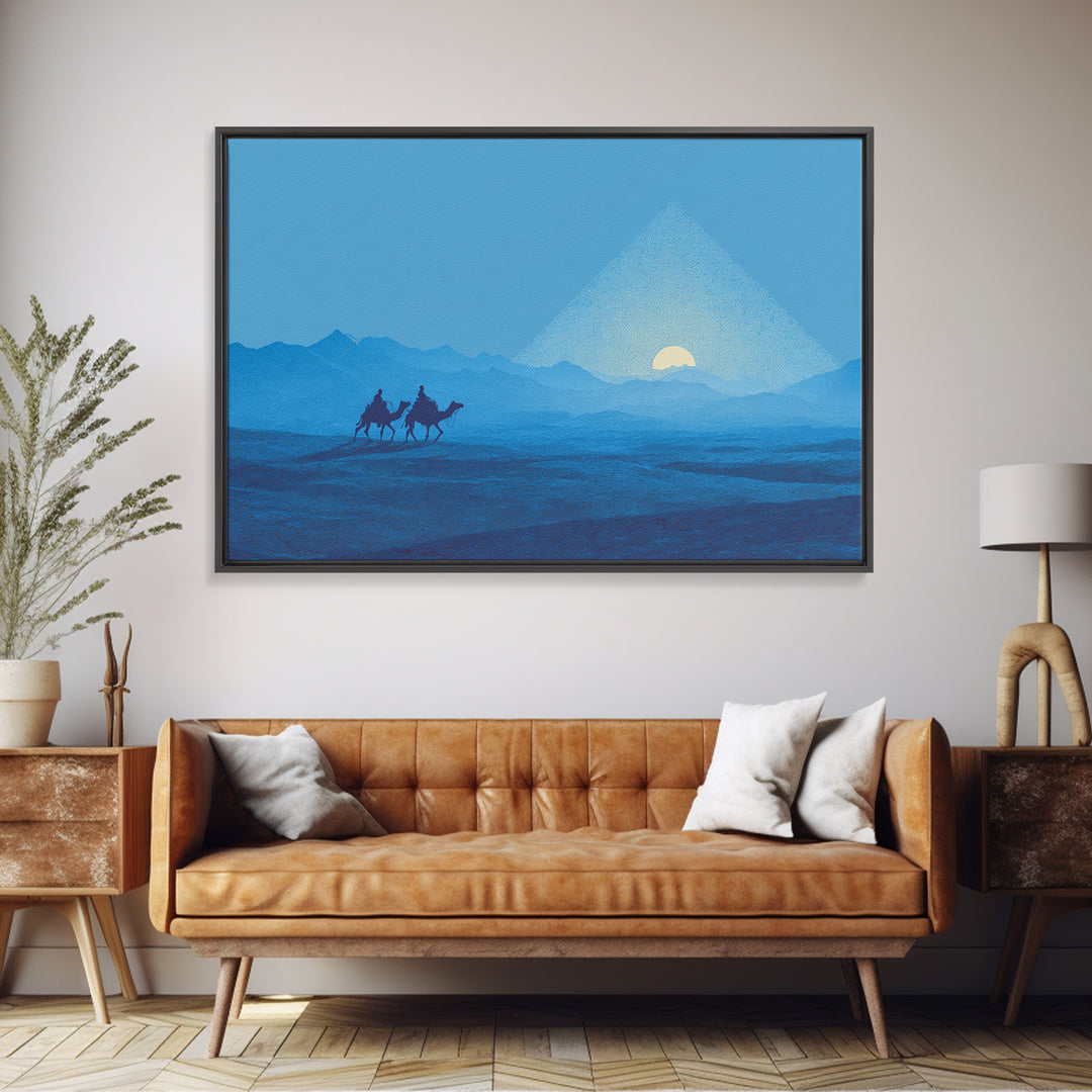 Blue Pyramid Camel Caravan At Sunrise Wall Art, African Egyptian Art, Minimalist Desert Poster, Travel Canvas Print Home Decor