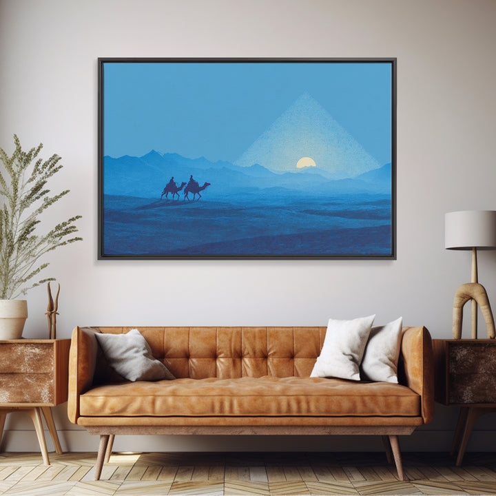 Blue Pyramid Camel Caravan At Sunrise Wall Art, African Egyptian Art, Minimalist Desert Poster, Travel Canvas Print Home Decor