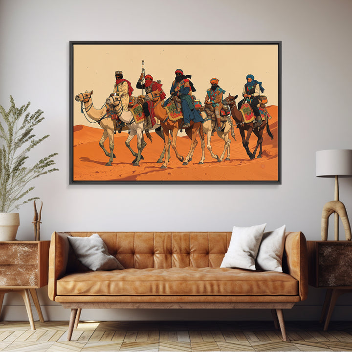 Tuareg Camel Caravan In Sahara Desert Wall Art, African Warrior Art, African Safari Decor, Boho Living Room Canvas Print