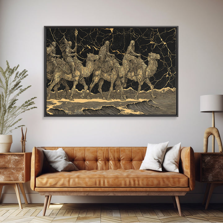 Gold Engraved Camel Caravan On Black Stone Wall Art, African Art Print, Desert Travel Decor, Luxury Canvas Print For Office Decor