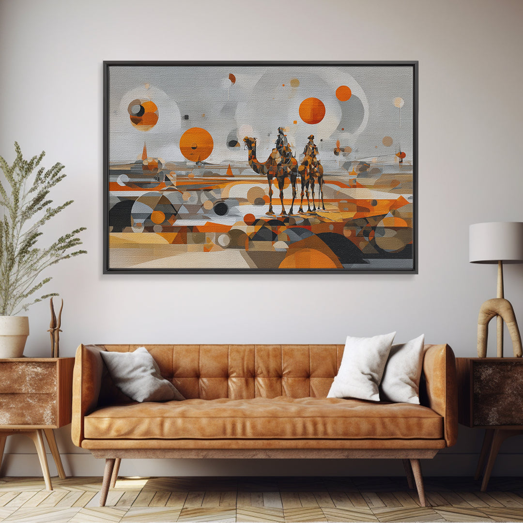 Abstract Geometric Camel Caravan In Orange Desert Wall Art, Modern African Art, Boho Living Room Decor, Canvas Print Gift
