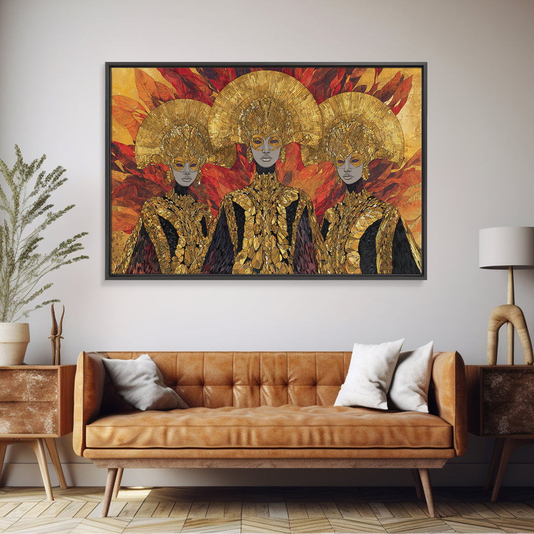 Three Golden African Queens With Leaf Crowns Wall Art, Black Woman Art, Afrocentric Decor, Luxury Framed Canvas Print Gift