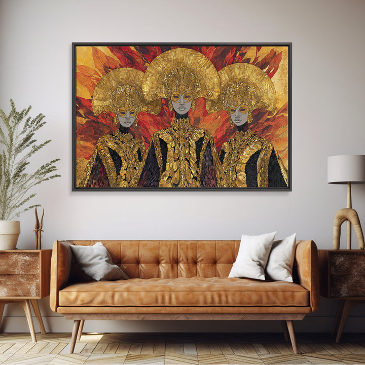 Three Golden African Queens With Leaf Crowns Wall Art, Black Woman Art, Afrocentric Decor, Luxury Framed Canvas Print Gift