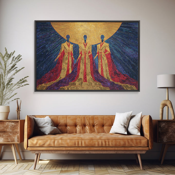 Celestial African Trinity Under Golden Sun Wall Art, Spiritual Afrocentric Art, Black Goddess Decor, Framed Canvas Print