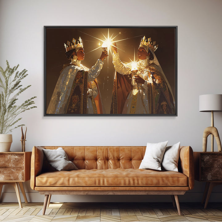 Two Crowned African Queens Toasting Starlight Wall Art, Black Women Art, Elegant Gold Decor, Premium Canvas Print For Her
