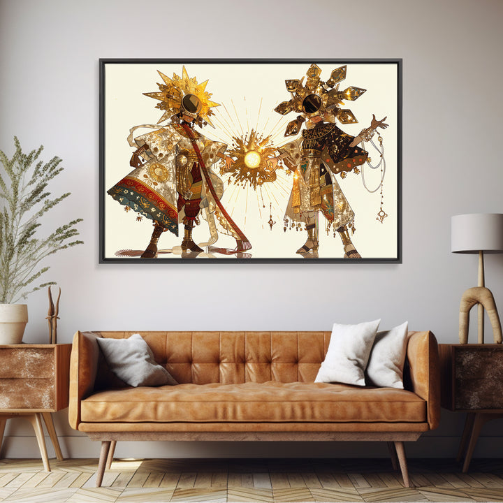 Sun And Moon African Deities In Ornate Gold Costumes Wall Art, Afrocentric Art, Spiritual Decor, Framed Canvas Print Gift