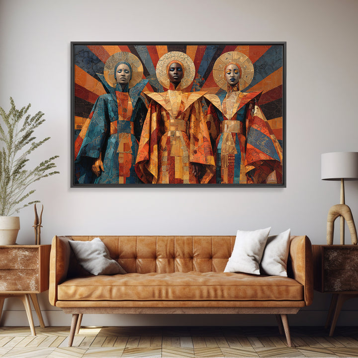 Afrofuturist African Queens In Geometric Robes Wall Art, Modern Black Art, Cultural Home Decor, Framed Canvas Print Gift